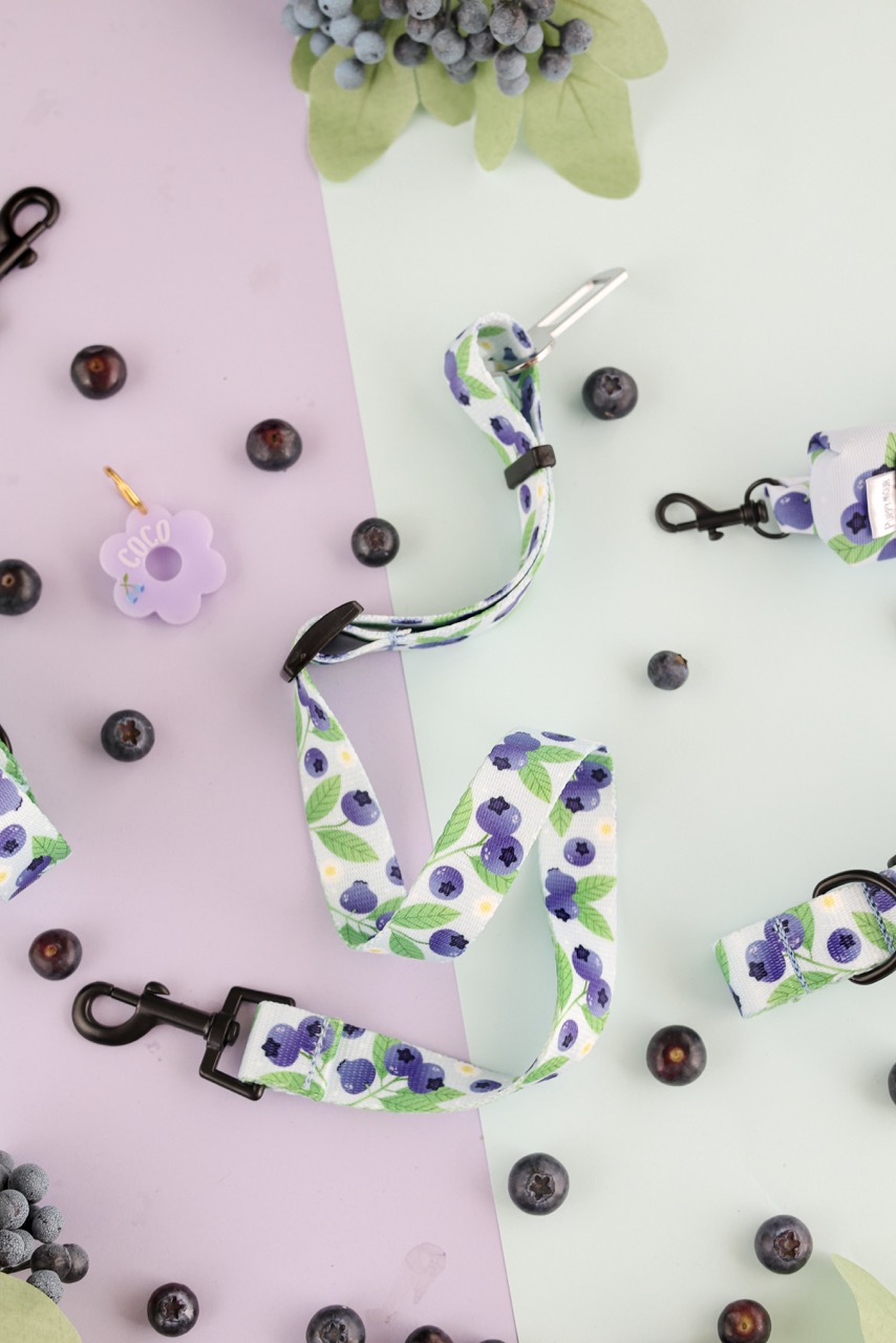 Pas samochodowy dla psa z kolekcji Blueberry Milk Shake – fioletowy z wzorem borówek