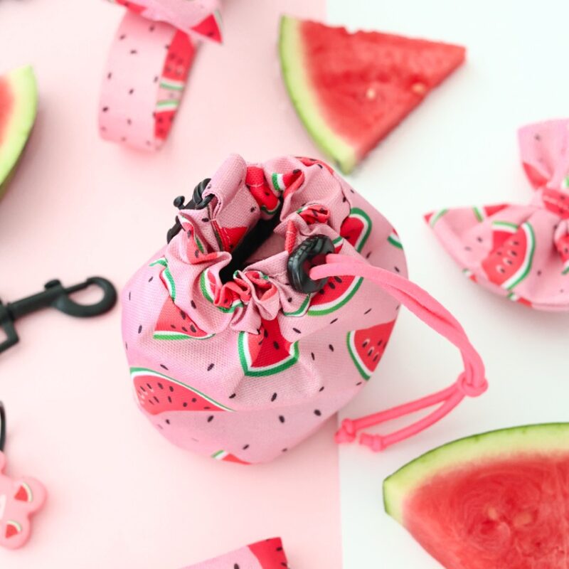 Zbliżenie na Woreczek Watermelon Pink z praktycznym schowkiem na przysmaki i rolkę kupoworków