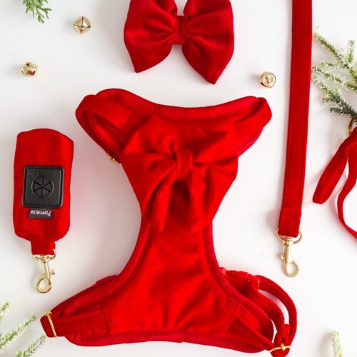 aksamitne szelki bezuciskowe z kokardą puppymour czerwone
