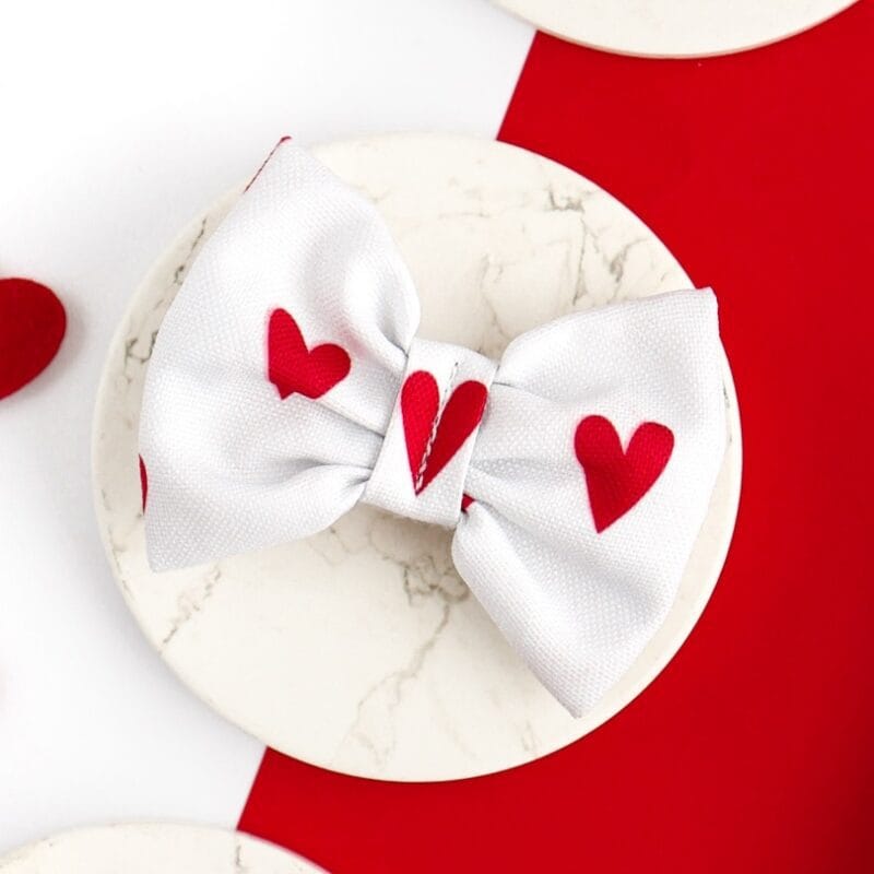 Biała kokarda dla psa w czerwone serduszka zapinana na rzep z kolekcji White Love