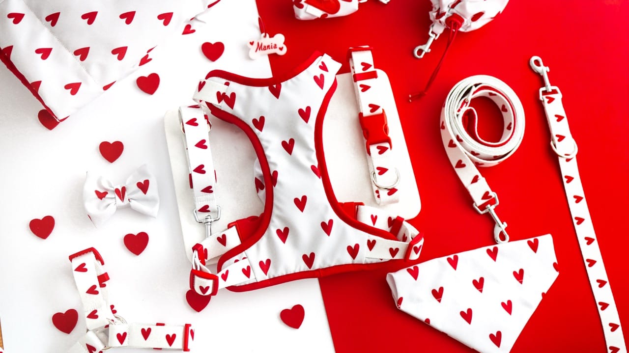 Kolekcja White Love Puppmour - białe akcesoria dla psa w czerwone serduszka: szelki, smycz i obroża