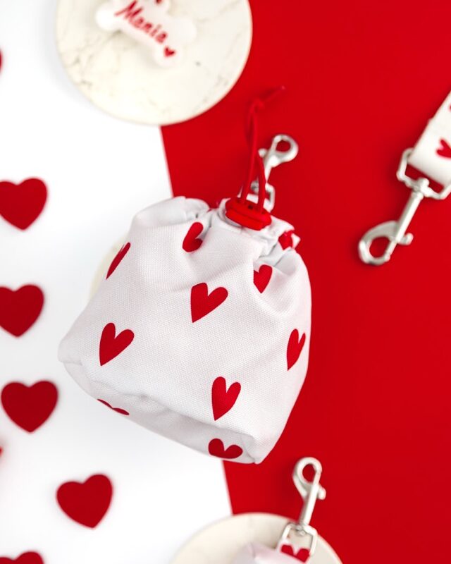 Biały woreczek spacerowy na przysmaki dla psa w czerwone serduszka z kolekcji White Love